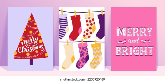 Colección vectorial de plantillas de afiches de Navidad. Nuevo año 2023 juego de tarjetas de felicitación de navidad. Colores brillantes. regalos y letras escritas a mano para tu invitación y diseño.