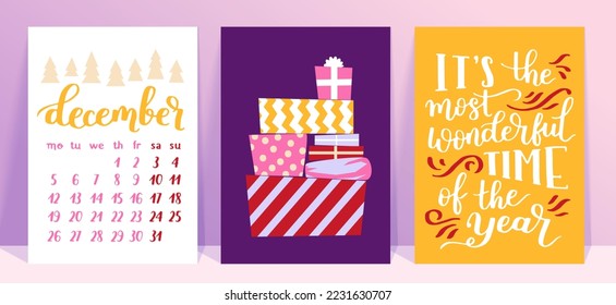 Colección vectorial de plantillas de afiches de Navidad. Nuevo año 2023 juego de tarjetas de felicitación de navidad. Colores brillantes. regalos y letras escritas a mano para tu invitación y diseño.
