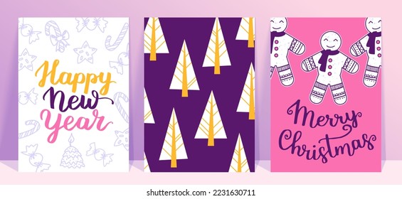Vector collection of Christmas poster templates. New year 2023 set of christmas greeting cards. Bright colors. presents and hand written lettering for your invitation and design.
