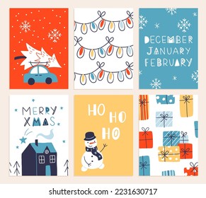 Vector collection of Christmas poster templates. New year 2023 set of christmas greeting cards. Bright colors. presents and hand written lettering for your invitation and design.