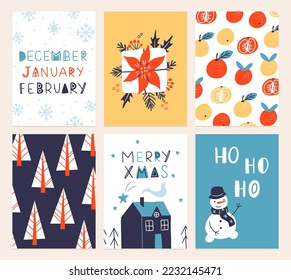 Vector collection of Christmas poster templates. New year 2023 set of christmas greeting cards. Bright colors. presents and hand written lettering for your invitation and design.