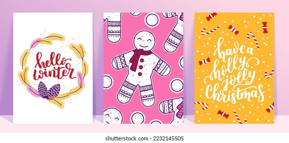 Vector collection of Christmas poster templates. New year 2023 set of christmas greeting cards. Bright colors. presents and hand written lettering for your invitation and design.