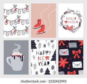 Vector collection of Christmas poster templates. New year 2023 set of christmas greeting cards. Bright colors. presents and hand written lettering for your invitation and design.