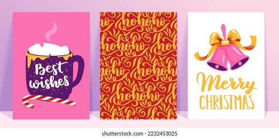 Vector collection of Christmas poster templates. New year 2023 set of christmas greeting cards. Bright colors. presents and hand written lettering for your invitation and design.