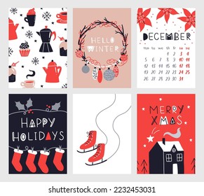 Colección vectorial de plantillas de afiches de Navidad. Nuevo año 2023 juego de tarjetas de felicitación de navidad. Colores brillantes. regalos y letras escritas a mano para tu invitación y diseño.