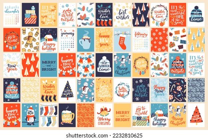 Vector collection of Christmas poster templates. New year 2023 set of christmas greeting cards. Bright colors. presents and hand written lettering for your invitation and design.