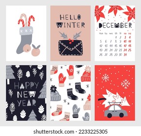 Vector collection of Christmas poster templates. New year 2023 set of christmas greeting cards. Bright colors. presents and hand written lettering for your invitation and design.