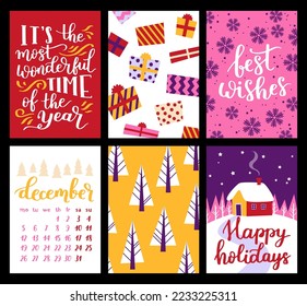 Vector collection of Christmas poster templates. New year 2023 set of christmas greeting cards. Bright colors. presents and hand written lettering for your invitation and design.
