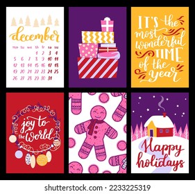 Vector collection of Christmas poster templates. New year 2023 set of christmas greeting cards. Bright colors. presents and hand written lettering for your invitation and design.