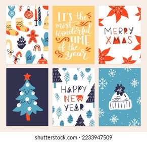 Vector collection of Christmas poster templates. New year 2023 set of christmas greeting cards. Bright colors. presents and hand written lettering for your invitation and design.