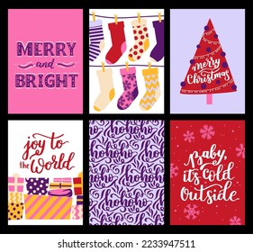 Vector collection of Christmas poster templates. New year 2023 set of christmas greeting cards. Bright colors. presents and hand written lettering for your invitation and design.