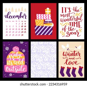 Colección vectorial de plantillas de afiches de Navidad. Nuevo año 2023 juego de tarjetas de felicitación de navidad. Colores brillantes. regalos y letras escritas a mano para tu invitación y diseño.