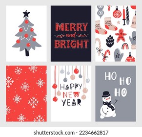 Vector collection of Christmas poster templates. New year 2023 set of christmas greeting cards. Bright colors. presents and hand written lettering for your invitation and design.