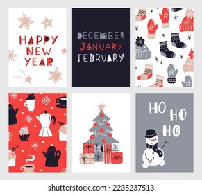 Vector collection of Christmas poster templates. New year 2023 set of christmas greeting cards. Bright colors. presents and hand written lettering for your invitation and design.