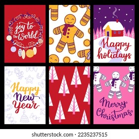 Vector collection of Christmas poster templates. New year 2023 set of christmas greeting cards. Bright colors. presents and hand written lettering for your invitation and design.