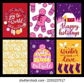 Vector collection of Christmas poster templates. New year 2023 set of christmas greeting cards. Bright colors. presents and hand written lettering for your invitation and design.