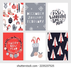Colección vectorial de plantillas de afiches de Navidad. Nuevo año 2023 juego de tarjetas de felicitación de navidad. Colores brillantes. regalos y letras escritas a mano para tu invitación y diseño.