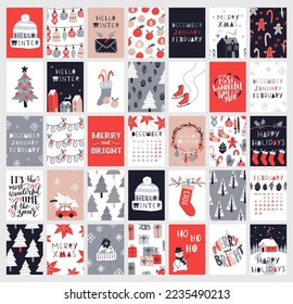 Vector collection of Christmas poster templates. New year 2023 set of christmas greeting cards. Bright colors. presents and hand written lettering for your invitation and design.