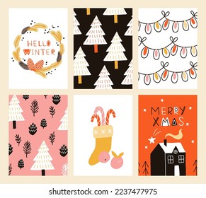 Vector collection of Christmas poster templates. New year 2023 set of christmas greeting cards. Bright colors. presents and hand written lettering for your invitation and design.