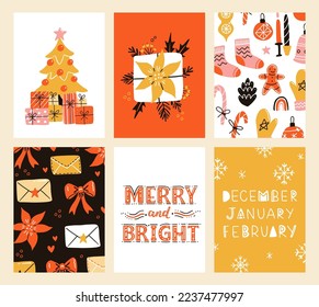 Vector collection of Christmas poster templates. New year 2023 set of christmas greeting cards. Bright colors. presents and hand written lettering for your invitation and design.