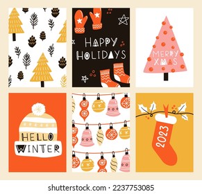 Vector collection of Christmas poster templates. New year 2023 set of christmas greeting cards. Bright colors. presents and hand written lettering for your invitation and design.