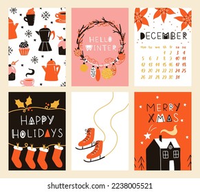 Vector collection of Christmas poster templates. New year 2023 set of christmas greeting cards. Bright colors. presents and hand written lettering for your invitation and design.