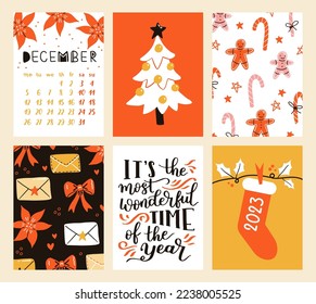 Vector collection of Christmas poster templates. New year 2023 set of christmas greeting cards. Bright colors. presents and hand written lettering for your invitation and design.