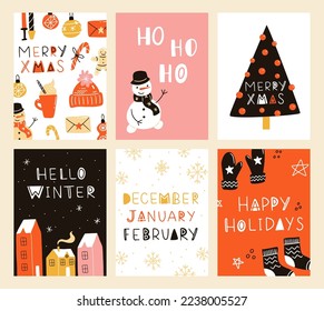 Vector collection of Christmas poster templates. New year 2023 set of christmas greeting cards. Bright colors. presents and hand written lettering for your invitation and design.