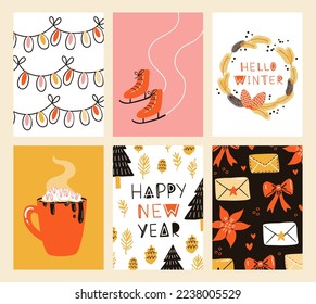 Vector collection of Christmas poster templates. New year 2023 set of christmas greeting cards. Bright colors. presents and hand written lettering for your invitation and design.