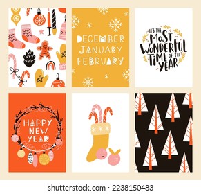 Vector collection of Christmas poster templates. New year 2023 set of christmas greeting cards. Bright colors. presents and hand written lettering for your invitation and design.