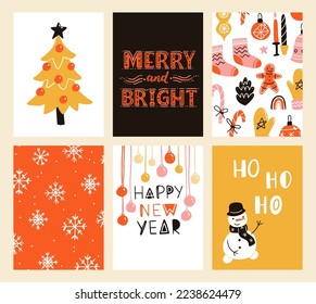 Vector collection of Christmas poster templates. New year 2023 set of christmas greeting cards. Bright colors. presents and hand written lettering for your invitation and design.