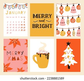 Vector collection of Christmas poster templates. New year 2023 set of christmas greeting cards. Bright colors. presents and hand written lettering for your invitation and design.