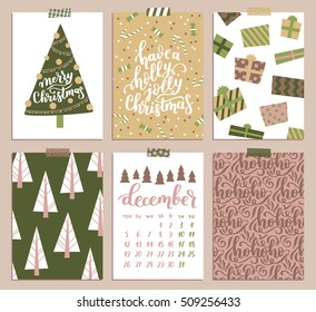 Vector collection of Christmas poster templates. Christmas set of christmas greeting cards. Bright colors. presents and hand written lettering for your invitation and design.