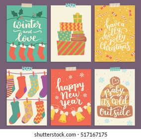 Vector collection of Christmas poster templates. Christmas set of greeting cards. Bright colors. presents and hand written lettering for your invitation and design.