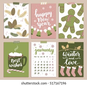 Vector collection of Christmas poster templates. Christmas set of greeting cards. Bright colors. gingerbread Man and hand written lettering for your invitation and design.
