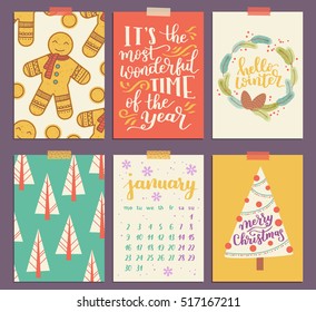 Vector collection of Christmas poster templates. Christmas set of greeting cards. Bright colors. gingerbread Man and hand written lettering for your invitation and design.