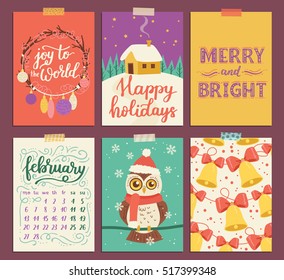 Vector collection of Christmas poster templates. Christmas set of greeting cards. Bright colors, cute owl and hand written lettering for your invitation and design.