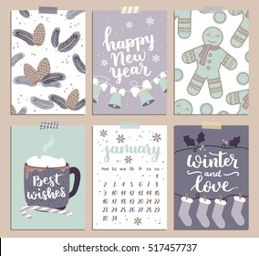 Vector collection of Christmas poster templates. Christmas set of greeting cards. Bright colors. hot chocolate and hand written lettering for your invitation and design.