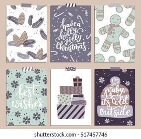 Vector collection of Christmas poster templates. Christmas set of greeting cards. Bright colors. gingerbread Man and hand written lettering for your invitation and design.
