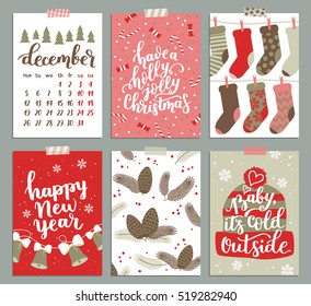 Vector collection of Christmas poster templates. Christmas set of greeting cards. Bright colors. christmas socks and hand written lettering for your invitation and design.