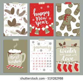 Vector collection of Christmas poster templates. Christmas set of greeting cards. Bright colors. gingerbread Man and hand written lettering for your invitation and design.