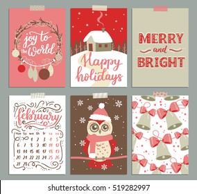 Vector collection of Christmas poster templates. Christmas set of greeting cards. Bright colors, cute owl and hand written lettering for your invitation and design.