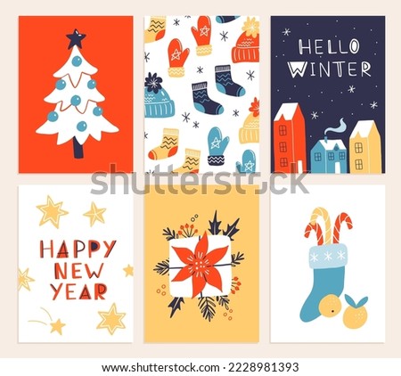 Vector collection of Christmas poster templates. New year 2023 set of christmas greeting cards. Bright colors. presents and hand written lettering for your invitation and design.