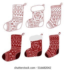 Vector Collection of Christmas red stockings. Stylized winter socks. Set of decorative Christmas stockings with ornaments. Merry Christmas.
