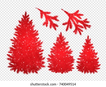 Vector collection of Christmas spruce trees and branches silhouettes in red color with glitter on transparency background. 