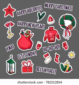 Vector collection of Christmas stickers in cartoon style. Part of big set. New Year elements for scrap-booking. Hand drawn cute vector illustration.