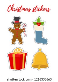 Vector collection of Christmas stickers - gingerbread man, present box and stocking. Made in cartoon flat style.