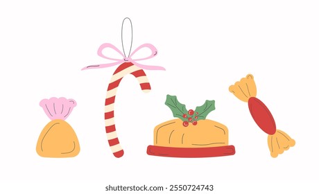 Vector collection of Christmas sweets with a candy cane, festive pie with holly, and two colorful candies for seasonal winter holiday-themed projects
