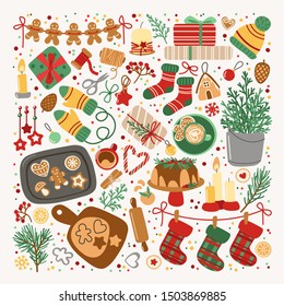 Vector collection of Christmas sweets, decorations and gift boxes isolated on a light background. New year cartoon set