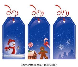 Vector collection of Christmas tags with a snowman, xmas cookies and trees, isolated on white background